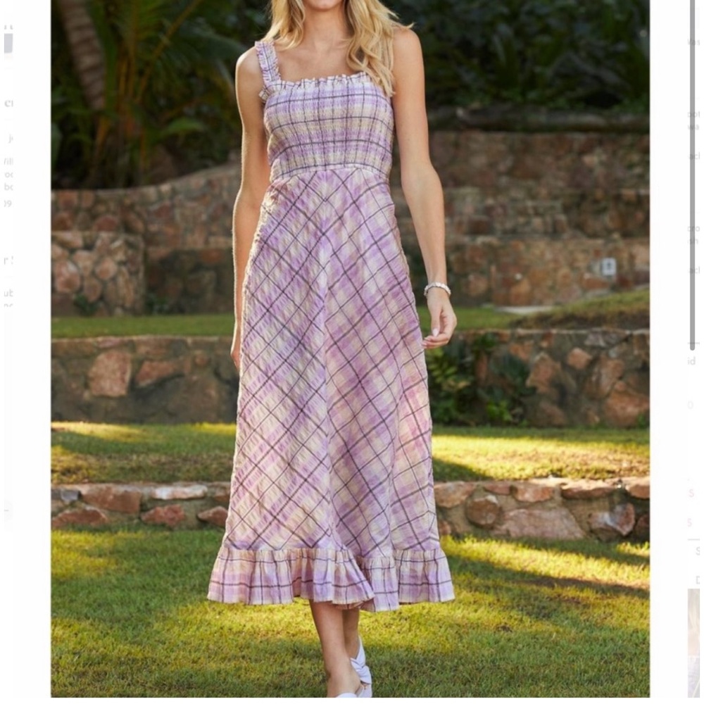 NWT Boston Proper Smocked Plaid Seersucker Dress.